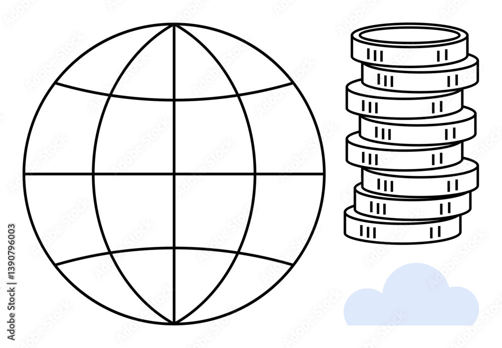 Poster globe with latitude and longitude lines beside a stack of coins and a cloud. ideal for economics, gl