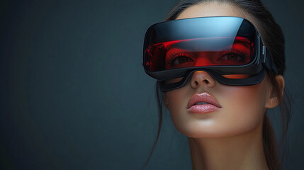 A stunning woman in sci-fi neonpunk style, wearing futuristic VR eyewear, symbolizing the integration of artificial intelligence, virtual reality, and metaverse technology.

