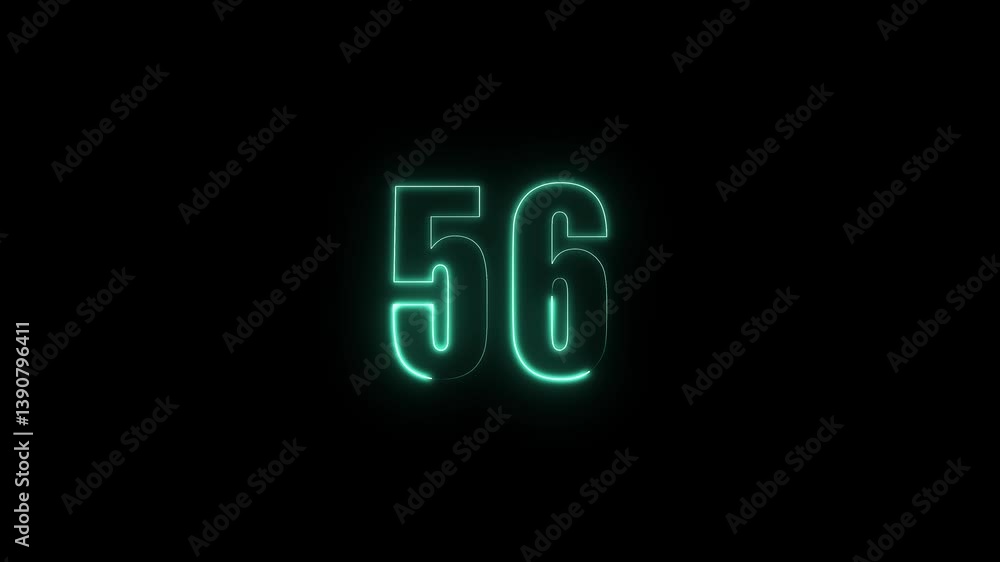 Poster abstract glowing neon text 56 number countdown icon. glowing sign on black background neon number. g