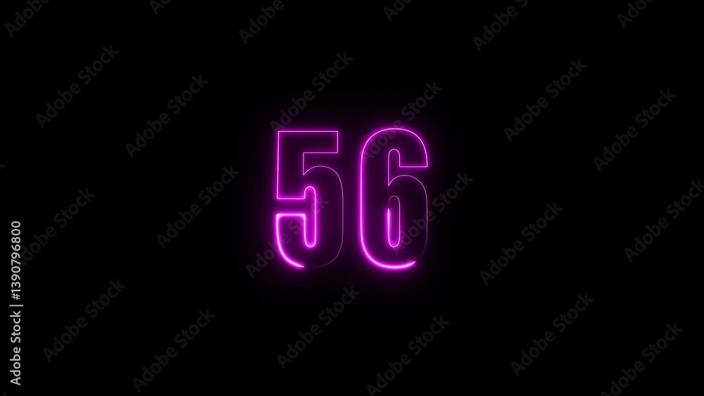 Poster abstract glowing neon text 56 number countdown icon. glowing sign on black background neon number. g