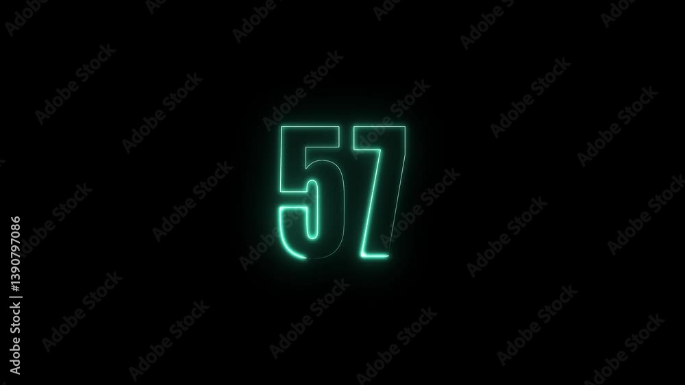 Poster abstract glowing neon text 57 number countdown icon. glowing sign on black background neon number. g