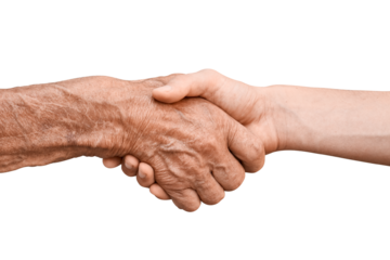 Elderly hand shaking hands with a younger hand isolated on a white background. Transparent background. PNG.