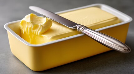 Close-up shot of a fresh butter block with a knife on the side, ready to be served.
