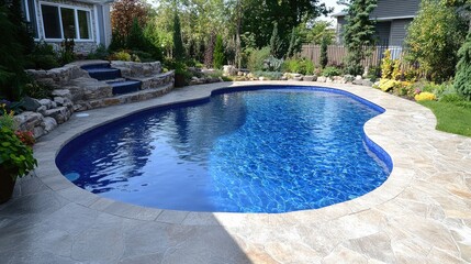 Luxurious Backyard Pool with Stone Deck Surrounded by Lush Greenery and Bright Flowers on a Sunny Day