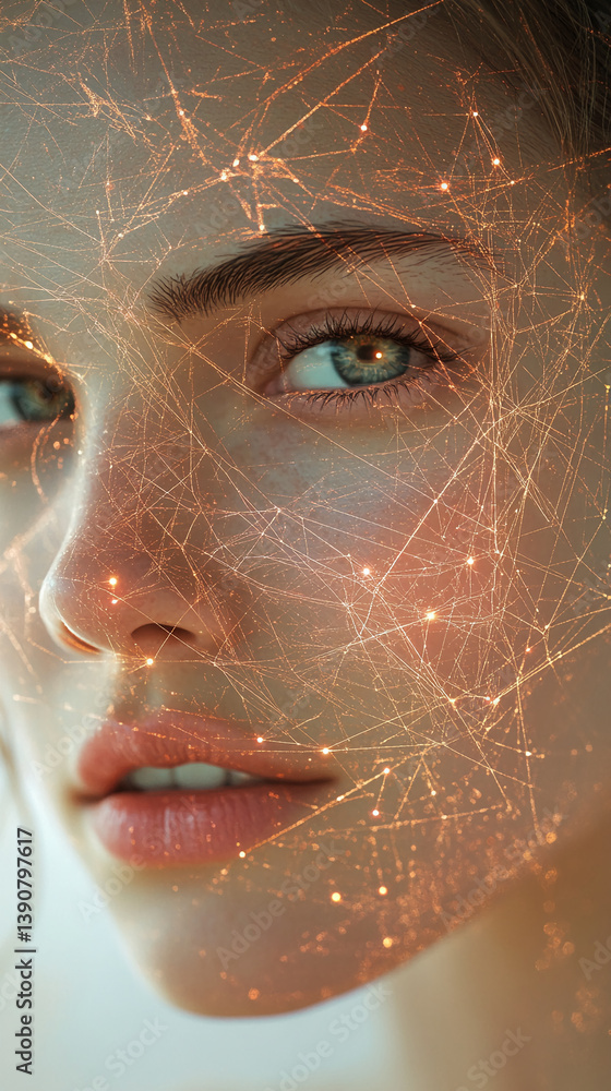 Poster close-up of a woman's face overlaid with glowing network lines, creating an ethereal, futuristic eff