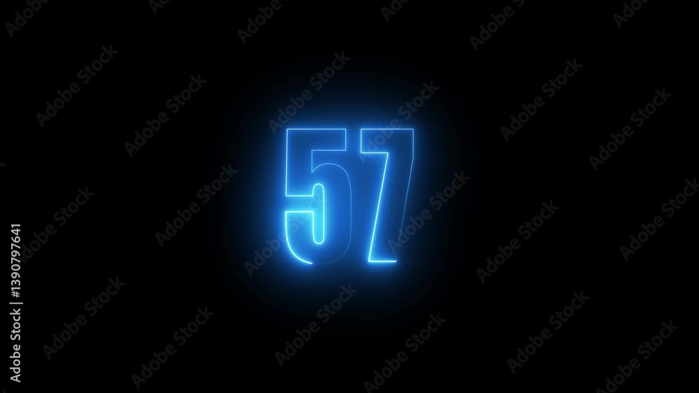 Poster abstract glowing neon text 57 number countdown icon. glowing sign on black background neon number. g
