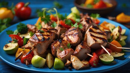 A plate of grilled meat and vegetable skewers
