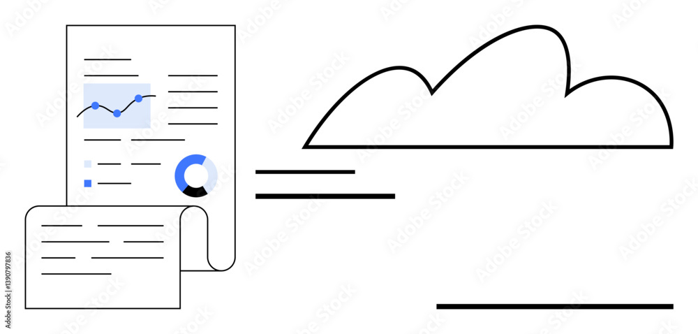 Poster business report sheet with graphs and charts transferring to a cloud concept. ideal for data storage