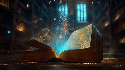 Magical glowing book opening with floating particles in mystical library ideal for fantasy intros, storytelling content, or Halloween promotions