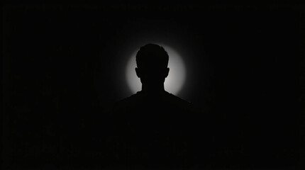A dark silhouette of a man with dramatic backlighting, creating a mysterious atmosphere.