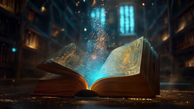 Magical glowing book opening with floating particles in mystical library ideal for fantasy intros, storytelling content, or Halloween promotions