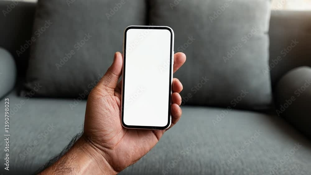 Aufkleber holding a smartphone with a blank screen on a couch generative ai