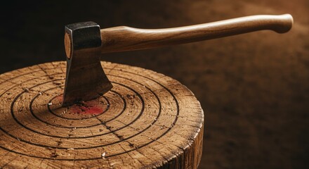 Axe resting on a wooden chopping block with marked target circles, evoking a sense of strength and precision, highlighting the tool's sharpness and craftsmanship against a rustic background.