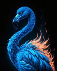 Fototapeta premium Mystical blue-feathered bird with fiery orange and blue flames, glowing red eye, ethereal aura.
