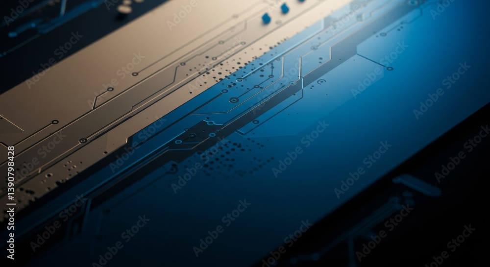 Poster close-up of a sleek, modern circuit board design emphasizing intricate lines and patterns, creating 