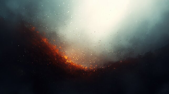 Fiery explosion, dark landscape, bright light, smoke, cinematic background, video game