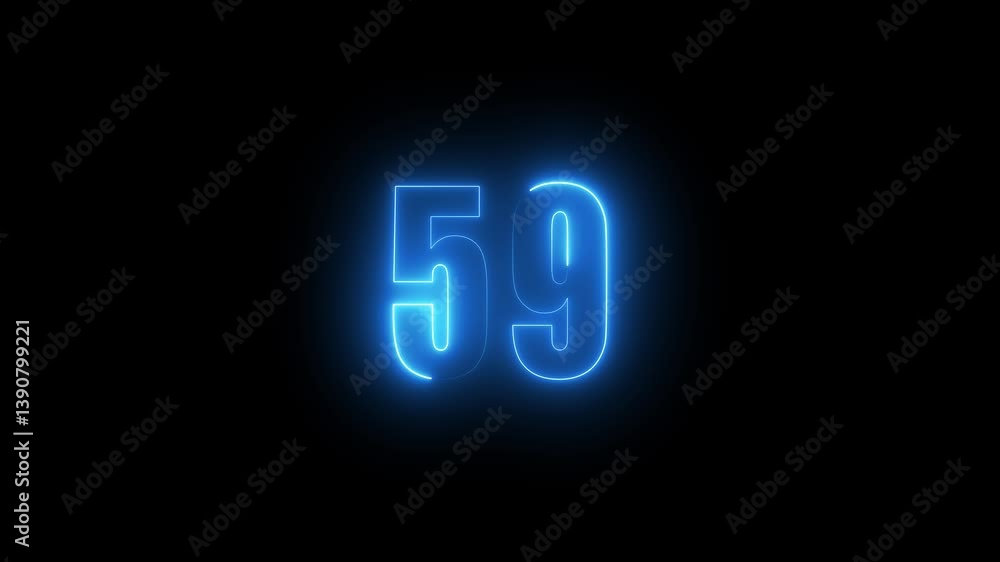 Poster abstract glowing neon text 59 number countdown icon. glowing sign on black background neon number. g