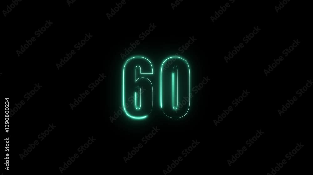 Poster abstract glowing neon text 60 number countdown icon. glowing sign on black background neon number. g