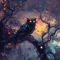 Dark owl perched on enchanted tree, fantasy forest, glowing background, book cover art