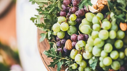 Rustic outdoor grapes, nuts, & leaves arrangement