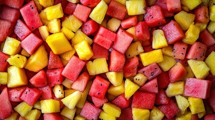 Colorful diced watermelon, pineapple, and mango.