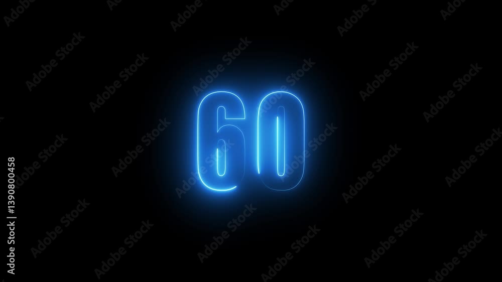 Poster abstract glowing neon text 60 number countdown icon. glowing sign on black background neon number. g
