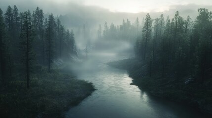 Fototapeta premium Misty river flows through foggy forest at dawn; serene landscape for game background