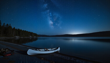Tranquil canoe by starry lake at night, serenity in nature