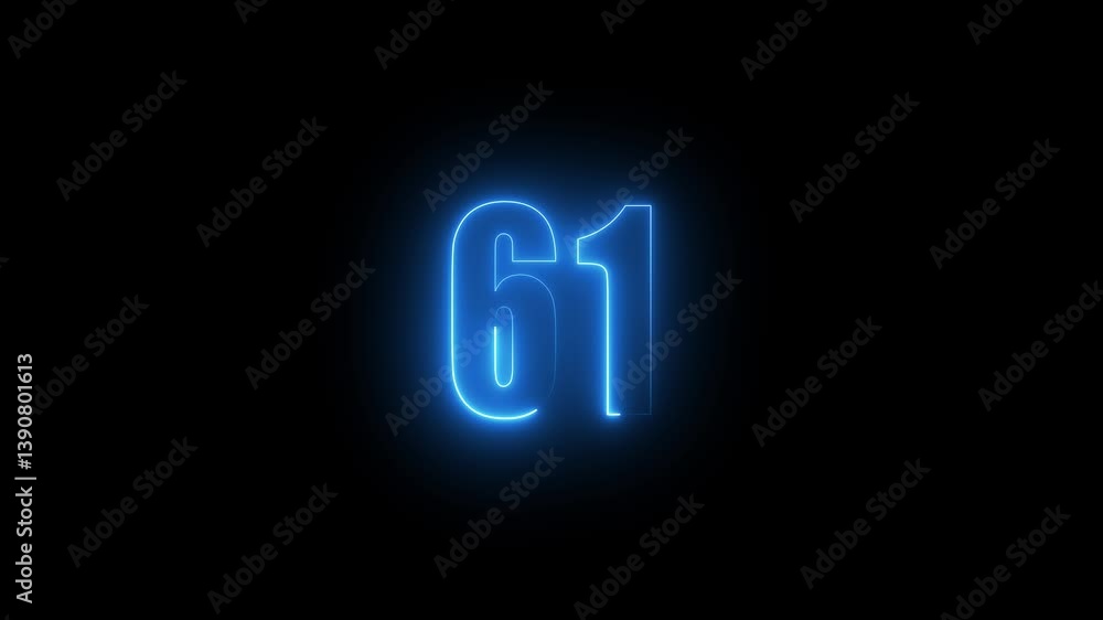 Poster abstract glowing neon text 61 number countdown icon. glowing sign on black background neon number. g
