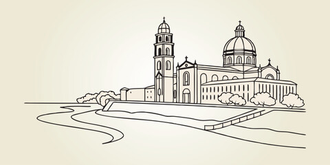 The Laredo skyline, showcasing the historic San Agustin Cathedral and Rio Grande River in a modern, one-line drawing of t style.