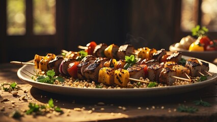 A plate of grilled meat and vegetable skewers