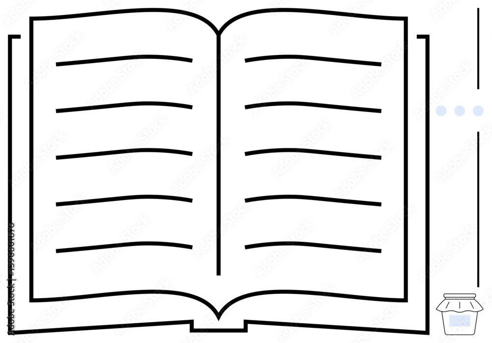 Poster open book with linear text design, small jar on side. ideal for reading, learning, knowledge sharing
