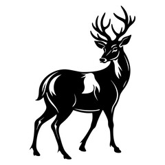 Stylized deer silhouette with antlers in a bold black and white design, isolated on white background. Vector art