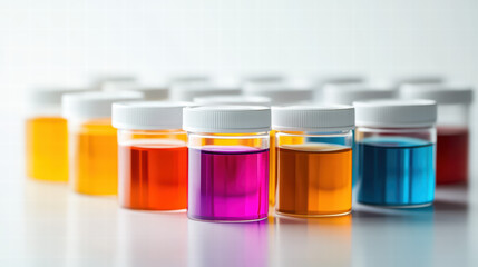 Colorful chemical vials: A vibrant arrangement of small, transparent vials filled with a spectrum of colorful liquids.