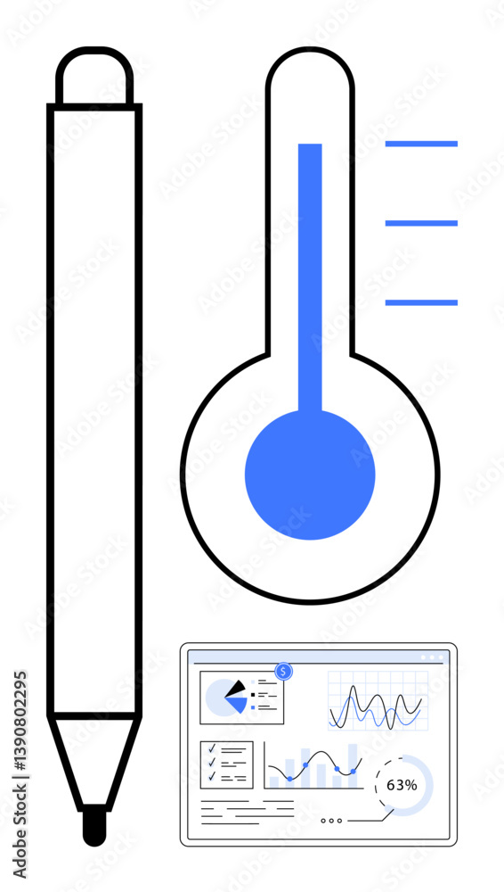 Poster digital pen beside a temperature gauge and data analysis dashboard displaying charts, graphs, metric