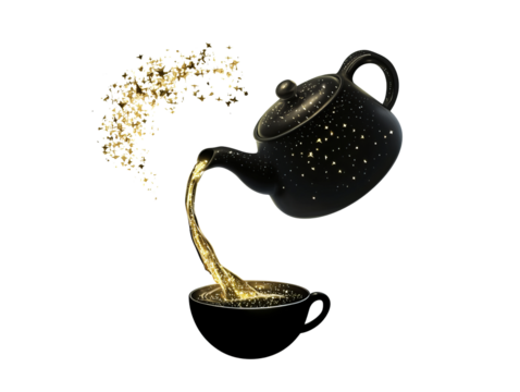 A magical black teapot pours shimmering golden tea into a cup, creating an enchanting visual spectacle.
