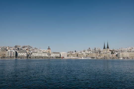 Panoramic cityscape and lakefront view of Lucerne, Switzerland, in winter season, lake of lucerne