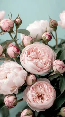 Papier peint photo Vintage-inspired floral background featuring blooming roses and peonies in muted pastel tones with intricate details