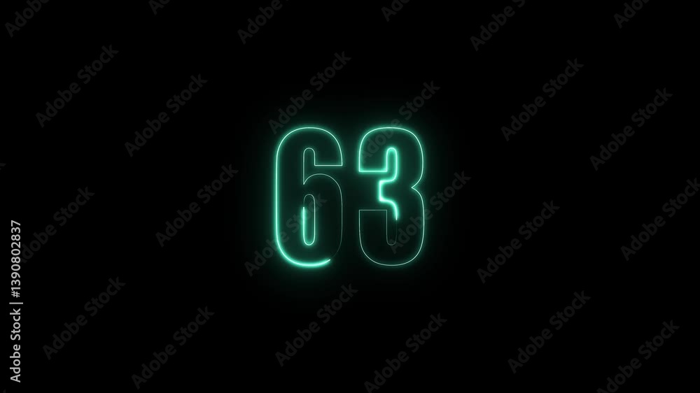 Poster abstract glowing neon text 63 number countdown icon. glowing sign on black background neon number. g