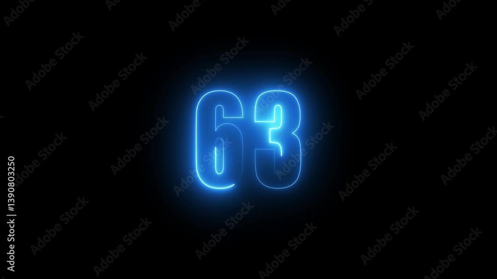 Poster abstract glowing neon text 63 number countdown icon. glowing sign on black background neon number. g
