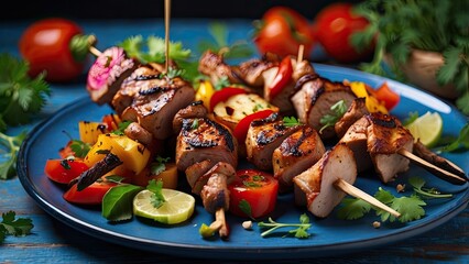 A plate of grilled meat and vegetable skewers