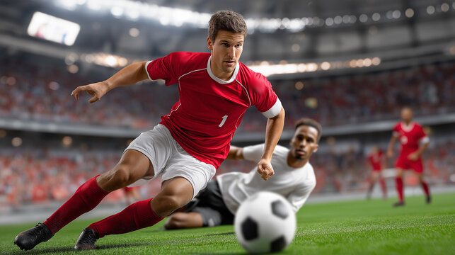 Dynamic soccer player evading tackle during championship final match