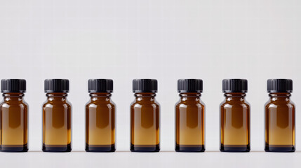 A symmetrical line of amber glass bottles with black caps showcases the purity and essence of natural remedies for wellness and relaxation.