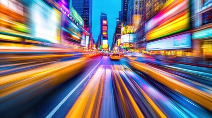 Vibrant city street at night with blurred motion.