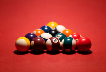 Biliard Table with balls and cue view from above