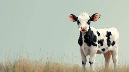 Curious calf stands proudly in a tranquil field under a soft blue sky in the early morning light, reflecting innocence and the beauty of rural life.