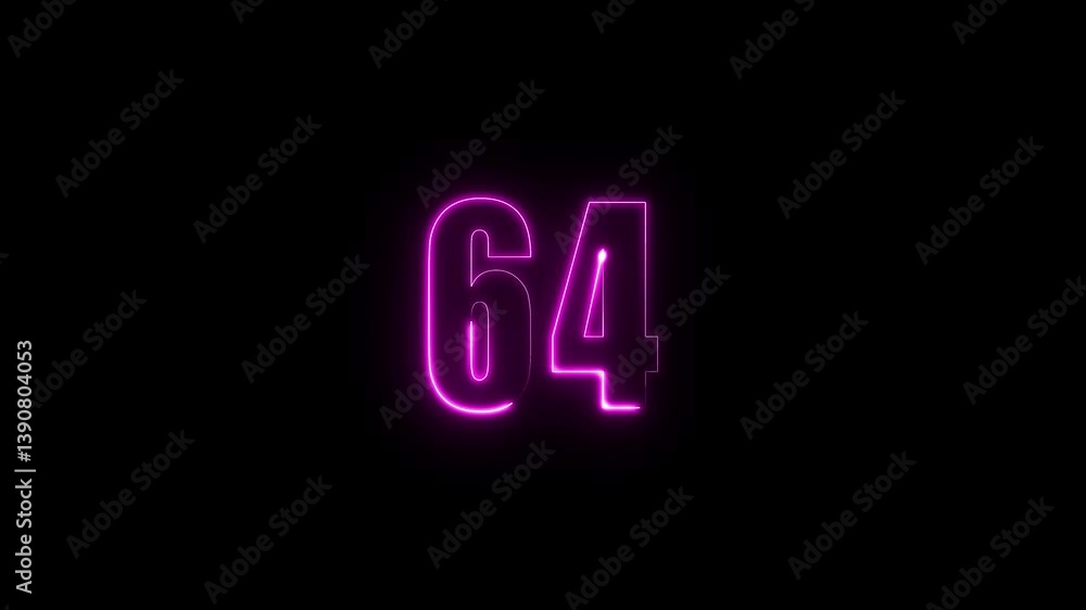 Aufkleber abstract glowing neon text 64 number countdown icon. glowing sign on black background neon number. g