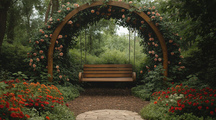 Obraz premium Swings adorned with bloomming arche invite tranquil moments in a lush garden retreat during the golden hour of a warm summer evening.