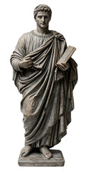 Fototapeta premium Roman sculpture of a figure in traditional attire holding a book on white background Generative AI