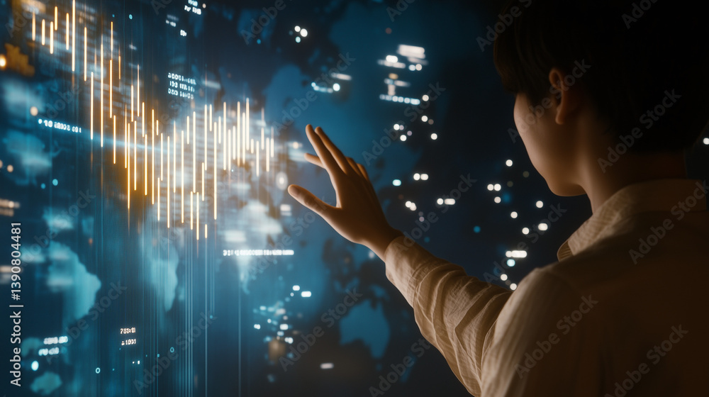 Poster a person interacts with a holographic display showing global financial data, charts, and graphs